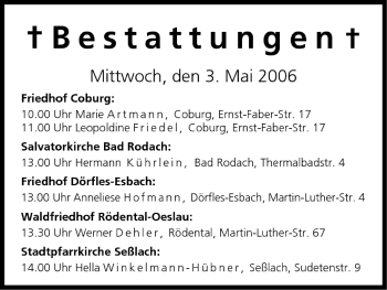 Anzeige von Bestattungen vom 03.05.2006 von MGO