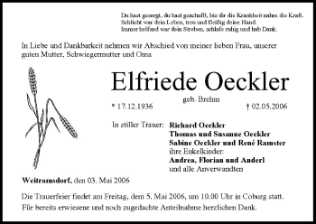 Anzeige von Elfriede Oeckler von MGO
