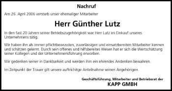 Anzeige von Günther Lutz von MGO