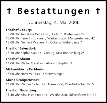 Anzeige von Bestattungen vom 04.05.2006 von MGO