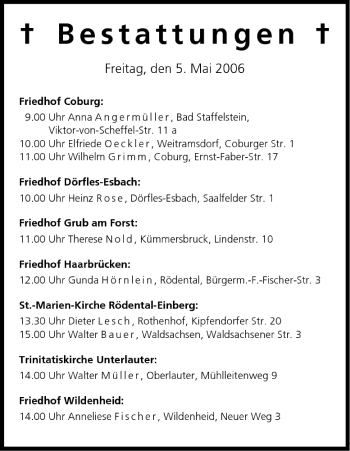 Anzeige von Bestattungen vom 05.05.2006 von MGO