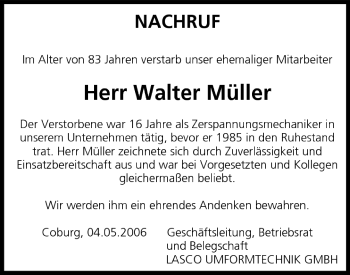 Anzeige von Walter Müller von MGO