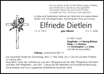 Anzeige von Elfriede Dietlein von MGO