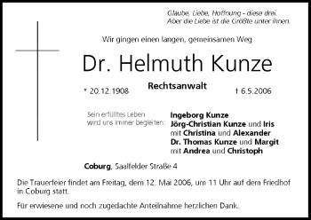 Anzeige von Helmuth Kunze von MGO