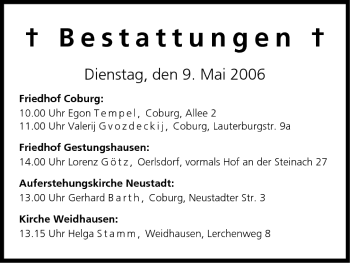 Anzeige von Bestattungen vom 09.05.2006 von MGO