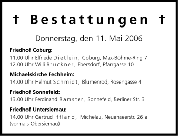 Anzeige von Bestattungen vom 11.05.2006 von MGO