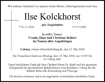 Anzeige von Ilse Kolckhorst von MGO