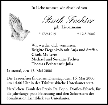 Anzeige von Ruth Fechter von MGO