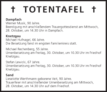 Anzeige von Totentafel vom 27.10.2015 von MGO