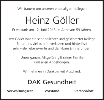 Anzeige von Heinz Göller von MGO