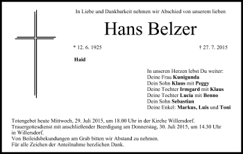 Anzeige von Hans Belzer von MGO