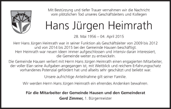 Anzeige von Hans Jürgen Heimrath von MGO