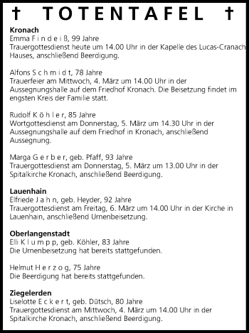 Anzeige von Totentafel vom 03.03.2015 von MGO