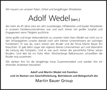 Anzeige von Adolf Wedel von MGO