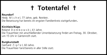 Anzeige von Totentafel vom 30.10.2015 von MGO