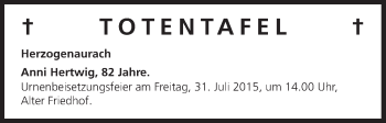 Anzeige von Totentafel vom 30.07.2015 von MGO