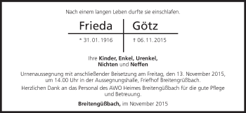 Anzeige von Frieda Götz von MGO