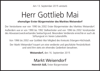 Anzeige von Gottlieb Mai von MGO