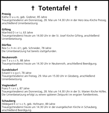 Anzeige von Totentafel vom 27.05.2015 von MGO