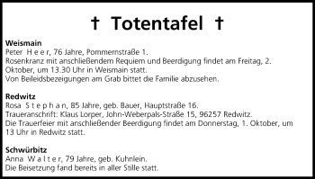 Anzeige von Totentafel vom 01.10.2015 von MGO