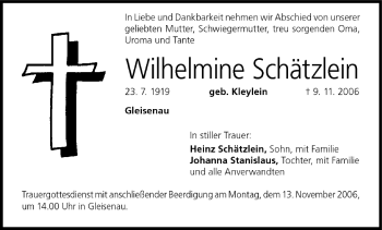 Anzeige von Wilhelmine Schätzlein von MGO