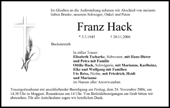 Anzeige von Franz Hack von MGO
