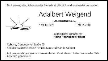 Anzeige von Adalbert Weigend von MGO