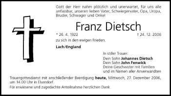 Anzeige von Franz Dietsch von MGO