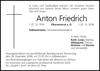 Anzeige von Anton Friedrich von MGO
