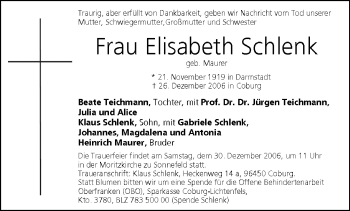 Anzeige von Elisabeth Schlenk von MGO