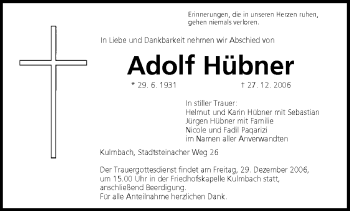 Anzeige von Adolf Hübner von MGO