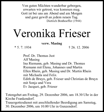 Anzeige von Veronika Frieser von MGO