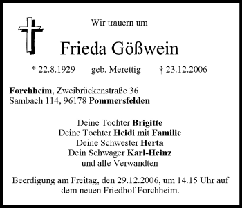 Anzeige von Frieda Gößwein von MGO