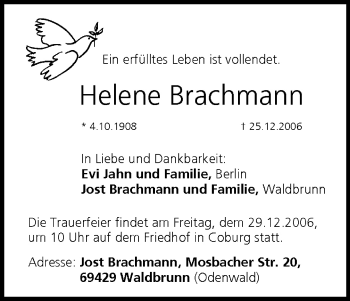 Anzeige von Helene Brachmann von MGO
