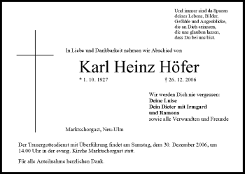 Anzeige von Karl Heinz Höfer von MGO