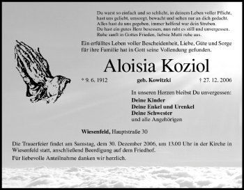 Anzeige von Aloisia Koziol von MGO