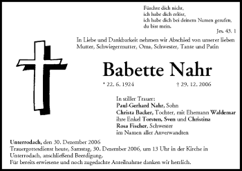Anzeige von Babette Nahr von MGO