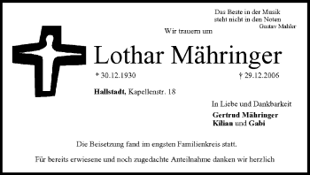 Anzeige von Lothar Mähringer von MGO
