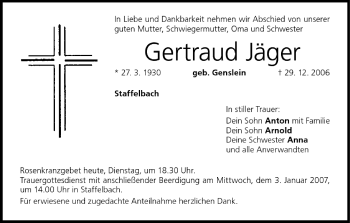 Anzeige von Gertraud Jäger von MGO
