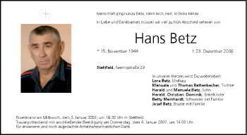 Anzeige von Hans Betz von MGO