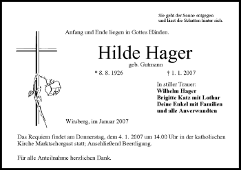 Anzeige von Hilde Hager von MGO