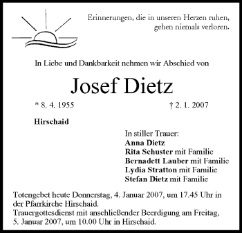 Anzeige von Josef Dietz von MGO