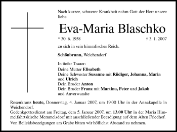 Anzeige von Eva-Maria Blaschko von MGO