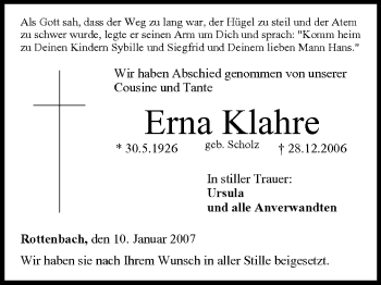 Anzeige von Erna Klahre von MGO