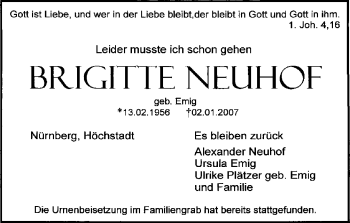 Anzeige von Brigitte Neuhof von MGO