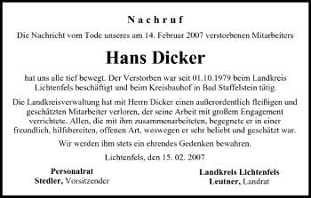 Anzeige von Hans Dicker von MGO