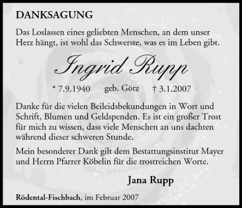 Anzeige von Ingrid Rupp von MGO