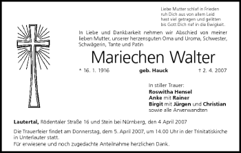 Anzeige von Mariechen Walter von MGO