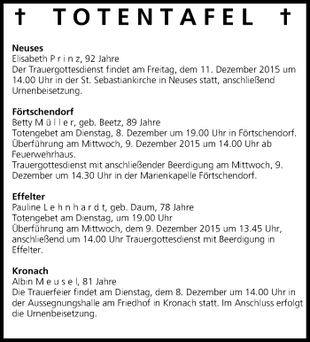 Anzeige von Totentafel vom 08.12.2015 von MGO