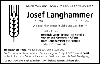 Anzeige von Josef Langhammer von MGO